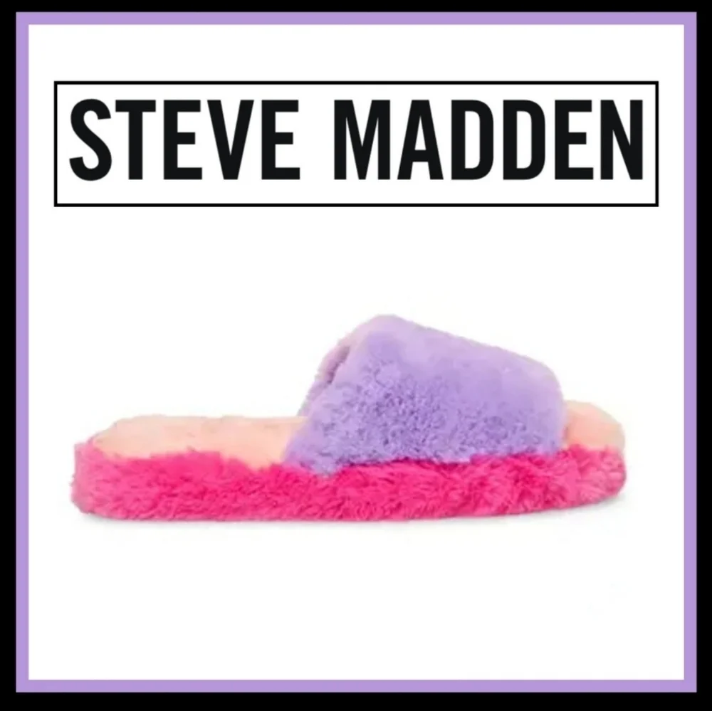 Steve Madden ✦ Frillz Slippers ✦ Faux Fur Colorblock w/ Open Toe Cozy Grip Sole
